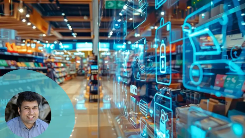 Inside a brightly lit retail store aisle with digital blue shopping and security icons overlay.
